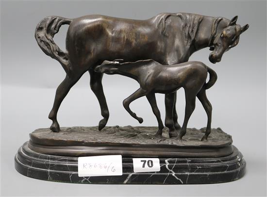 A bronze figure of mother and foal on marble base, signed Barye H.19.5cm